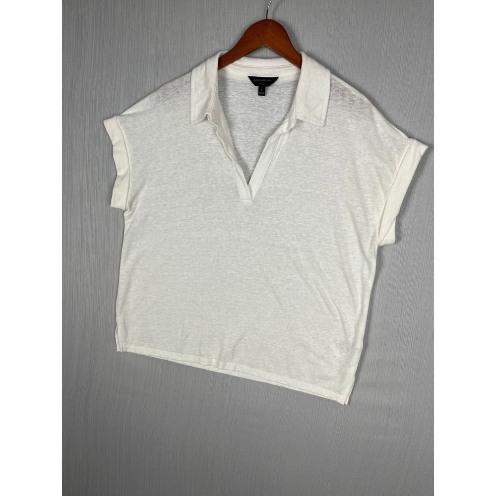 Banana Republic Polo Shirt Womens L White Linen Blend V-Neck Short Sleeve Top